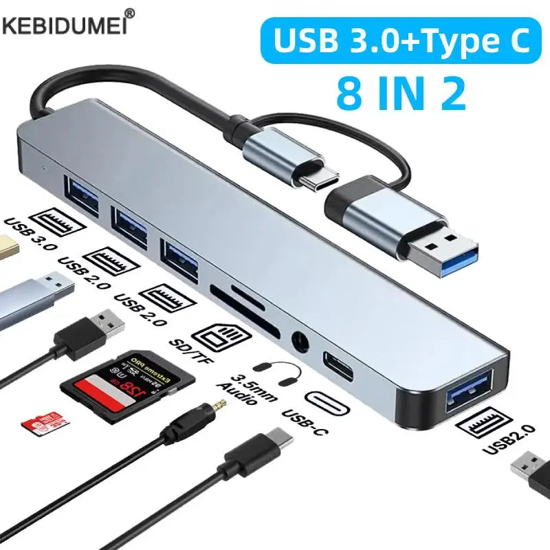 USB 3.0 Type C Adapter Docking Ststion USB 2.0 Port TF SD Card Reader Audio Output Multi-hub Splitter  for Macbook Pro Computer