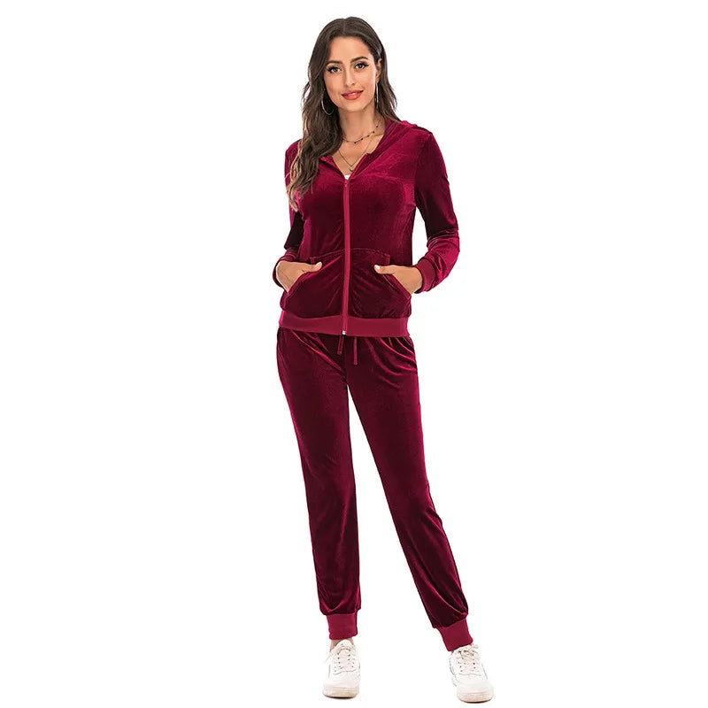 Velour Tracksuit Womens 2 Piece Sweatshirt & Sweatpants Set Full Zip Hoodie Sweatsuit with Pockets Casual Sportswear Autumn