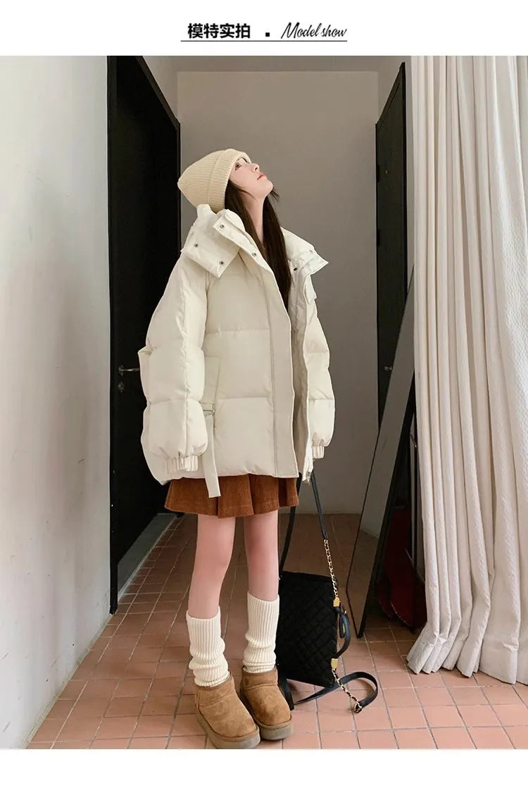 Solid Color Down Jacket Women Hooded Coat Stand Collar Fashion American Streetwear Duck Down Feather Female Winter Short Outwear