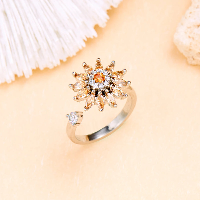 Anillo giratorio de flor de circonita cúbica brillante para mujer, anillo ajustable antiestrés y ansiedad con diseño de molino de girasol, joyería para fiestas