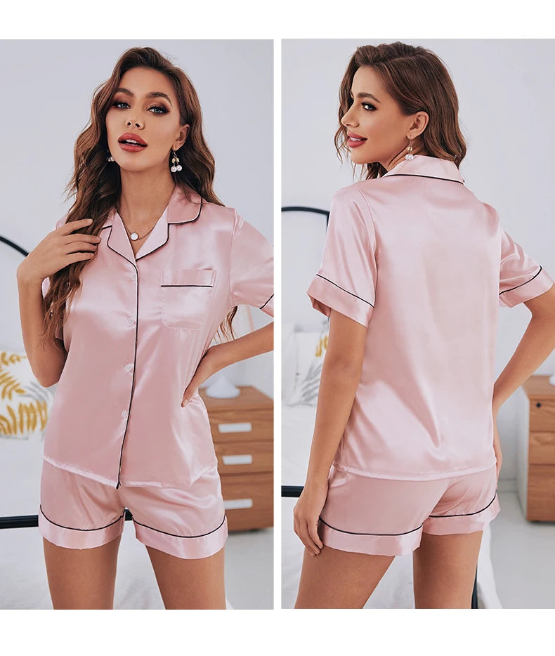 Womens Silk Satin Pajamas Set Short Sleeve Two-piece Pj Sets Sleepwear Loungewear Button-Down