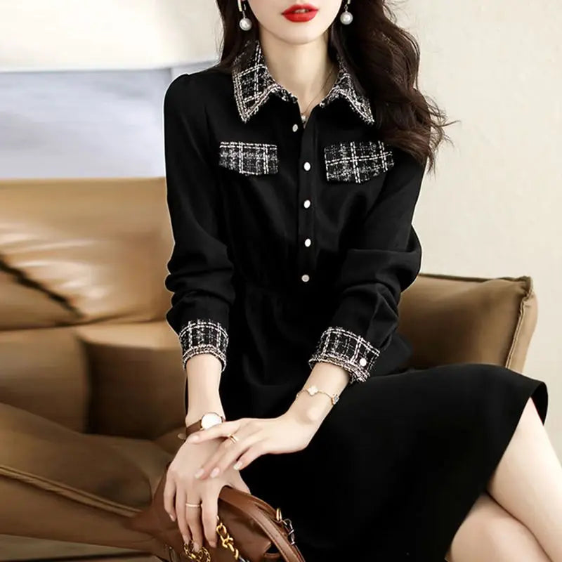 Women Autumn Korean Fashion Vintage Plaid Patchwork Elegant Dresses High Waist Luxury Chic Long Sleeve Slim Midi Dress Vestidos