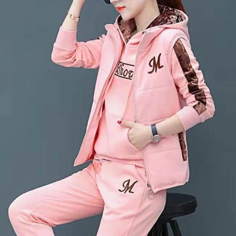 Fashion Warm Three Piece Set Women Outfit 2023 Fall Winter Thicken Tracksuit Casual Waistcoat Hoodies Pant Female Sweat Suit