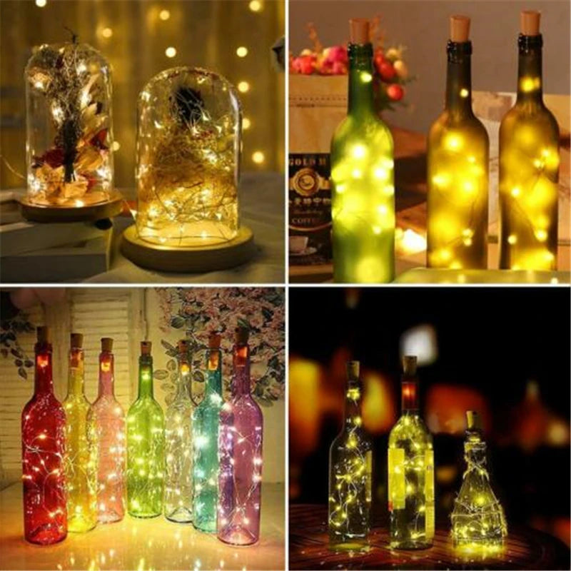 1 guirnalda de luces LED de 1 m y 2 m con alambre de cobre y plata, tapón de botella para decoración de bodas, manualidades de vidrio y Navidad