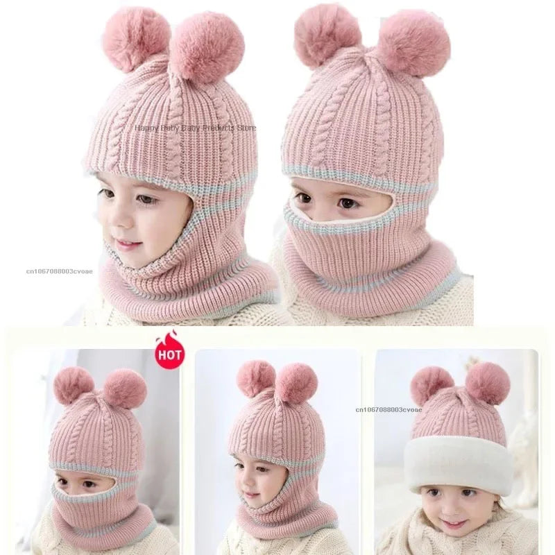 Gorro de invierno para bebé de 2 a 5 años, bufanda, gorro de punto con pompón de una pieza para niños, gorro cálido para el cuello para niñas y niños, gorros a prueba de viento, gorro para bebé