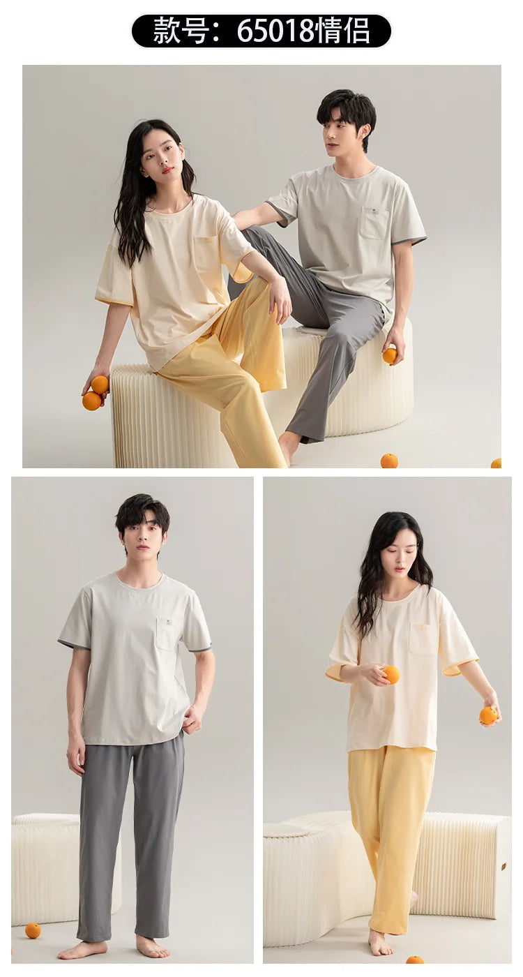 Couple Pajamas Summer Cotton Short Sleeve Trousers Sleepwear men's women's 2024 new simple loungewear pijama feminino Hombre