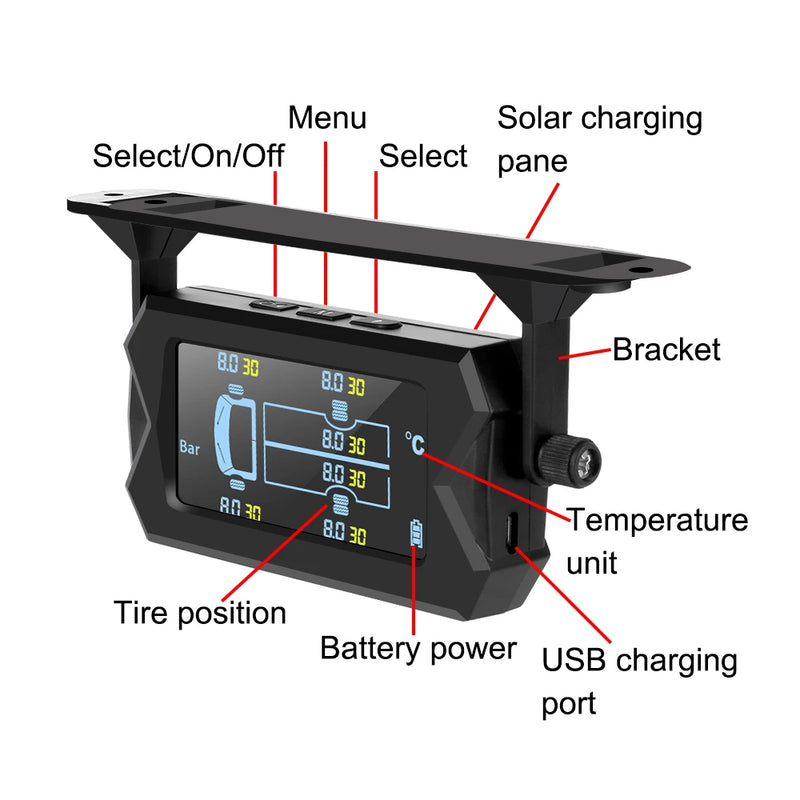 Solar Car RV Truck TPMS Tire Pressure Monitoring System With 6 External Sensors Wireless 180° Adjustable Bracket Waterproof