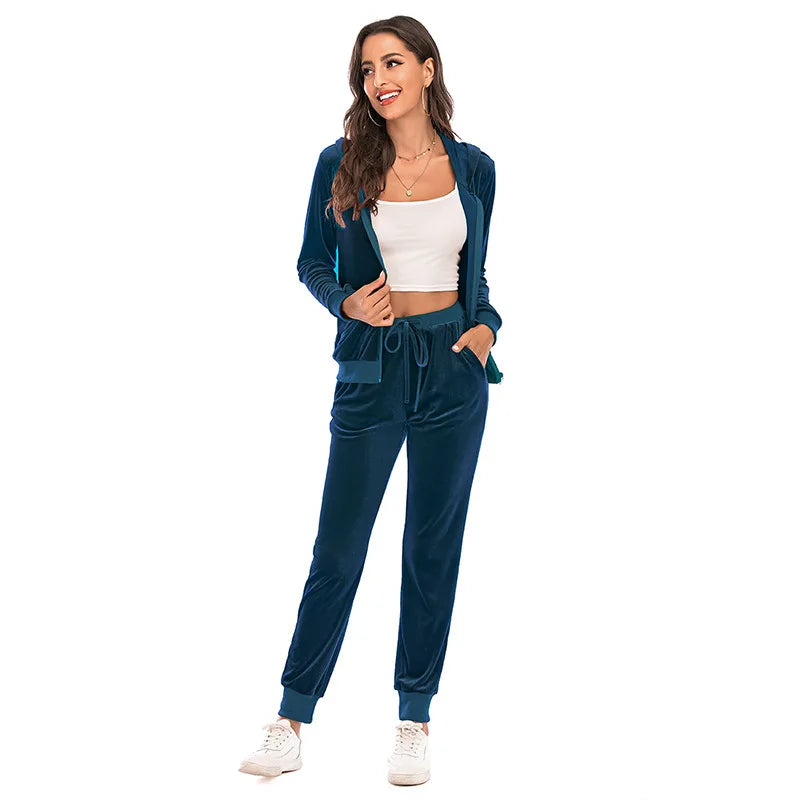 Velour Tracksuit Womens 2 Piece Sweatshirt & Sweatpants Set Full Zip Hoodie Sweatsuit with Pockets Casual Sportswear Autumn