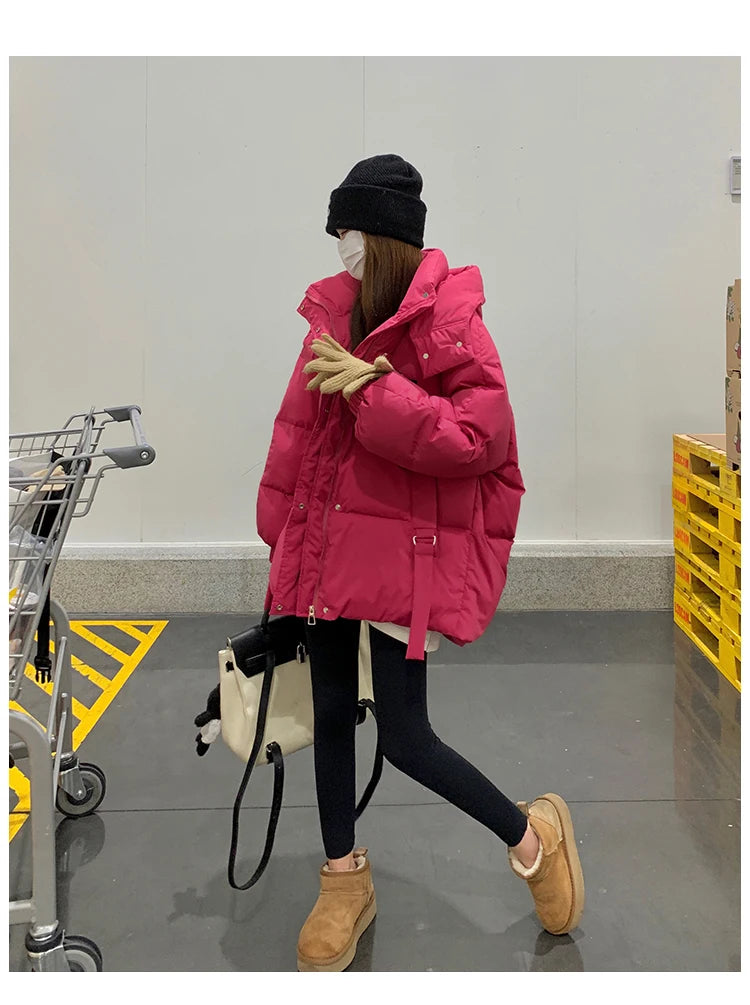 Solid Color Down Jacket Women Hooded Coat Stand Collar Fashion American Streetwear Duck Down Feather Female Winter Short Outwear