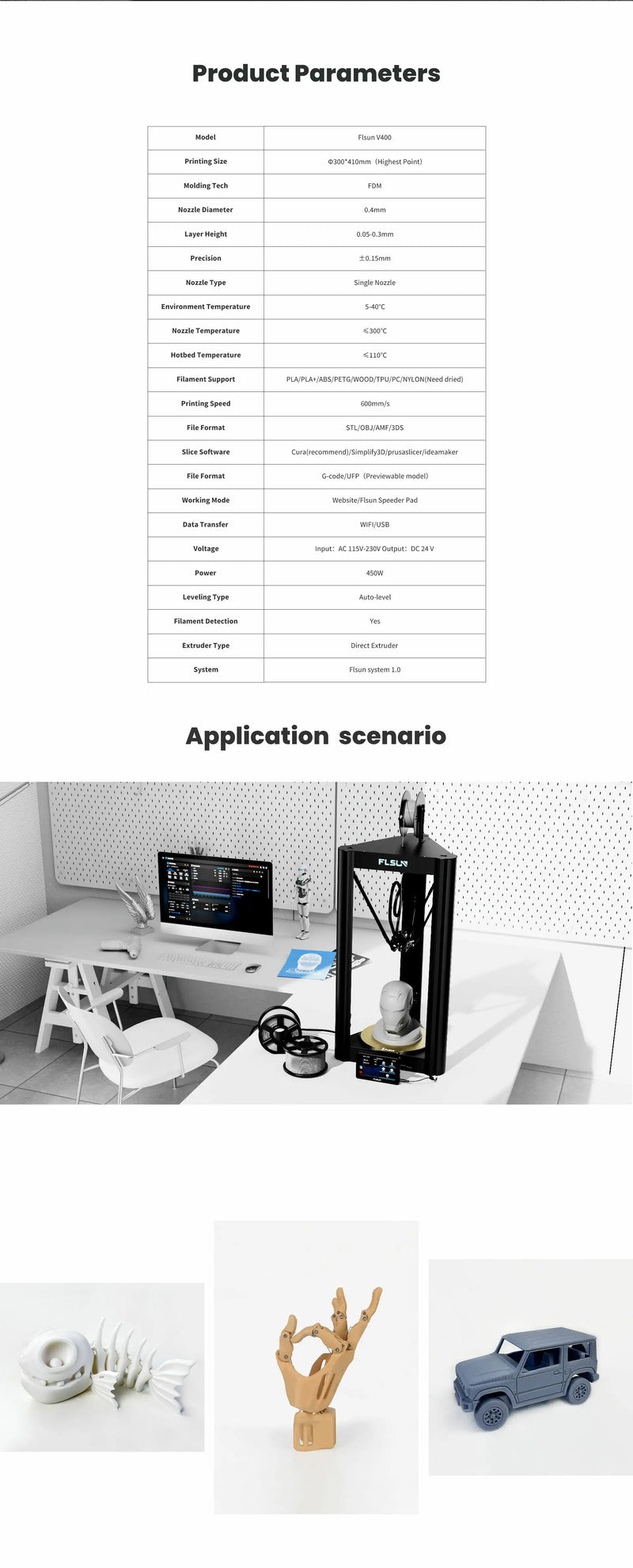 FLSUN V400 3D Printer Speed Up To 600mm/s Large Printing Size 300mm*300mm*410mm Auto Leveling Direct Drive Extruder 300℃ heating