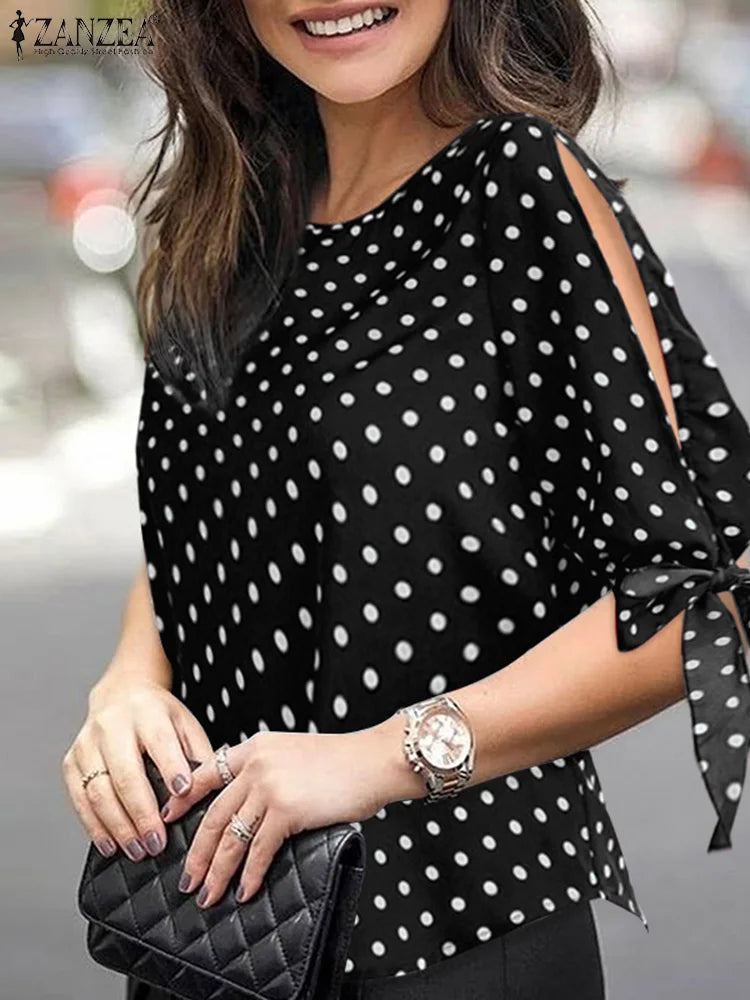 ZANZEA Woman Casual Polka Dots Printed Blouse Fashion Holiday Shirt Half Sleeve O-Neck Tunic Tops Elegant Party Chemise Oversize