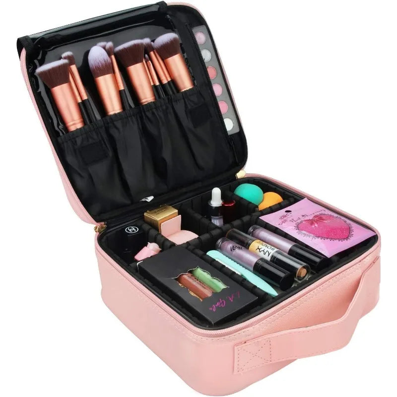 Estuche de viaje para maquillaje, organizador de cosméticos y maquillaje, bolsa de almacenamiento portátil para artistas con divisores ajustables