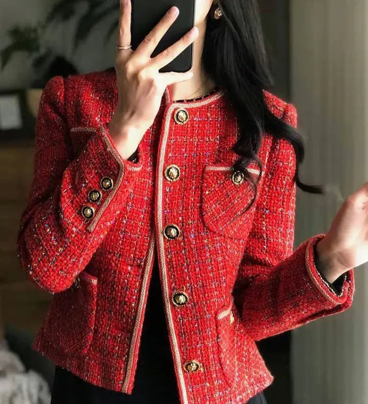 CJFHJE Red Tweed Blazers Women New Autumn Winter Loose O-Neck Single-Breasted Suit Jacket Female Korean Style Elegant Lady Coats