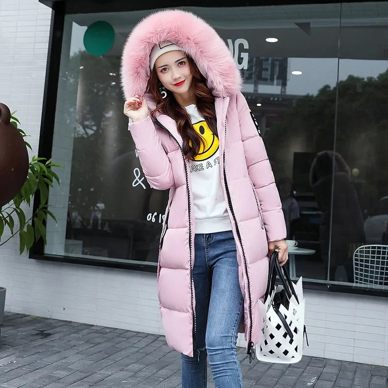 2024 Women's Down Parkas Winter Jacket Big Fur Collar Thick Slim Coat Fashion Hooded Cotton Outerwear Long Winter Woman Coat