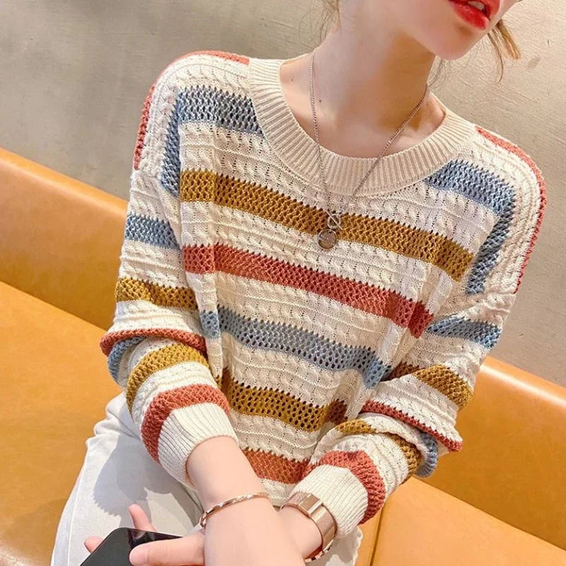 Women's Sweater Round O Neck Knit Tops for Woman Blue Mesh Pullovers Y2k Vintage Trend 2024 Korean Luxury Cold Winter Fashion