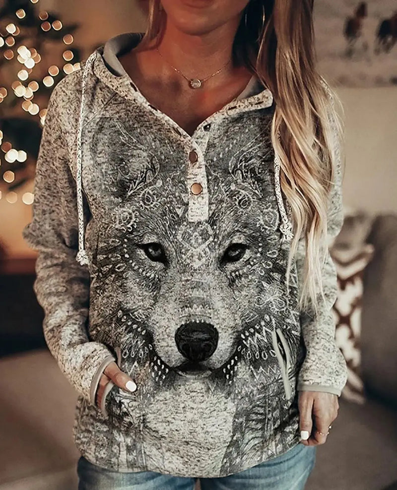 Wolf Hoodie Women Fashion Oversized Hoodies Vintage Sweats Girls Coat Women Sweatshirt Coat Hooded Pullover Owl Tracksuit Autumn