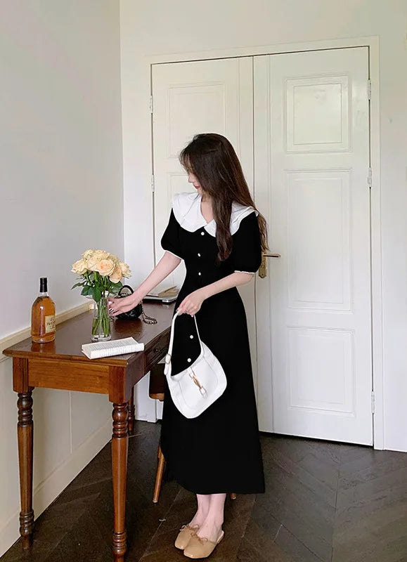 CGC Vintage Doll Collar Lolita Dress For Women 2023 Preppy Style Summer Black Long Dresses Korean Style Elegant Party Dresses