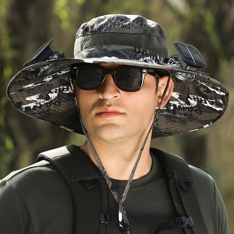 Para acampar al aire libre, pescar, hacer senderismo, protector solar, sombrero de pescador, gorra con ventilador solar, gorra de carga solar portátil con ventilador adecuada