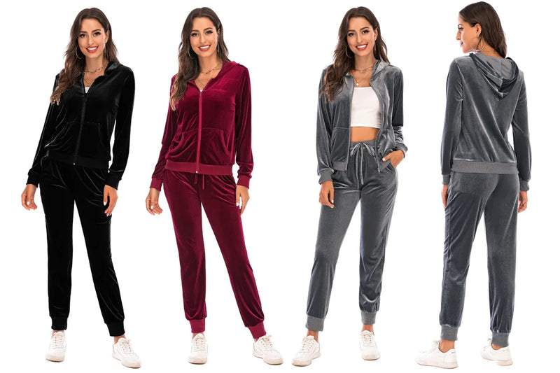 Velour Tracksuit Womens 2 Piece Sweatshirt & Sweatpants Set Full Zip Hoodie Sweatsuit with Pockets Casual Sportswear Autumn