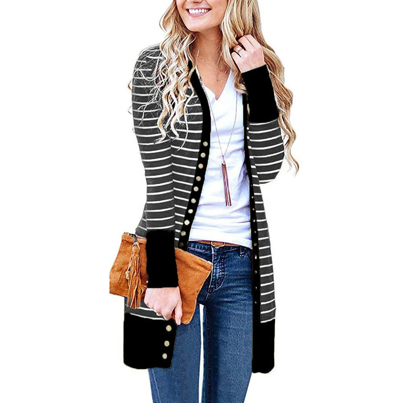 Autumn/Winter 2024 Europe and the United States plus size women's fashion long button striped cardigan coat