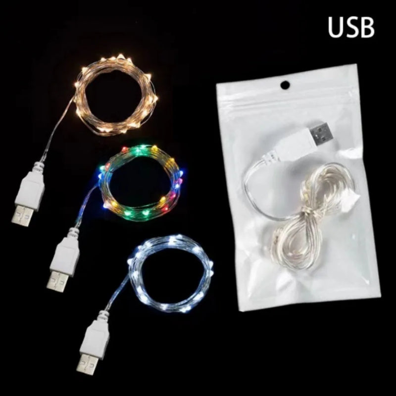 Guirnalda de luces LED USB de 1 m, 10 m o 20 m con alambre de cobre y plata, resistente al agua, para decoración de fiestas de bodas y Navidad