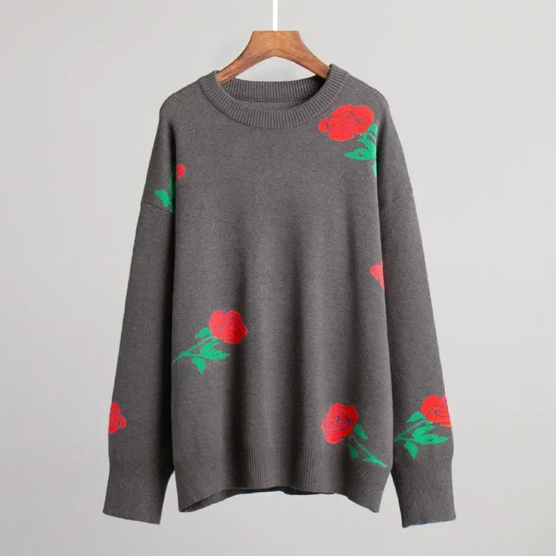 Women Elegant Flower Printed Knitted Jumper Top Chic Round Neck Long Sleeves Loose Pullovers Autumn Lady Fashion Streetwear 2024