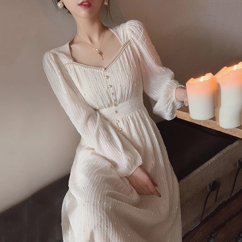 2024 Summer New Women Fashion Elegant White Midi Dresses Vintage Princess Female Party A Line Clothes Prom Robe Vestdios