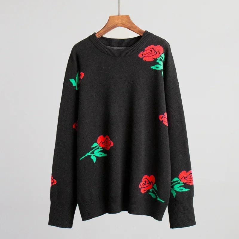 Women Elegant Flower Printed Knitted Jumper Top Chic Round Neck Long Sleeves Loose Pullovers Autumn Lady Fashion Streetwear 2024