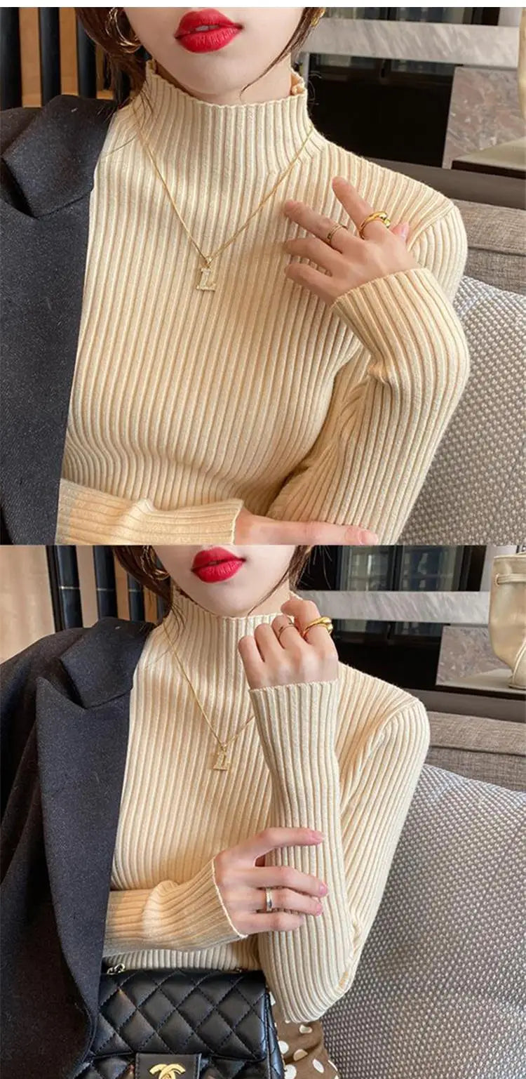 Epligg Women Turtlneck Sweater Long Sleeve Casual Slim Pullover Fashion Simple Chic Clothes Elegant Solid Basic Knitted Tops