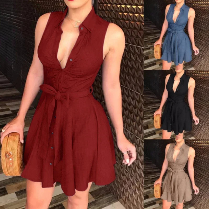 Nuevo vestido camisero sin mangas de verano para mujer, ajustado, sexy, con cordones y botones, minivestido informal liso, elegante, con solapa, para oficina, ropa femenina