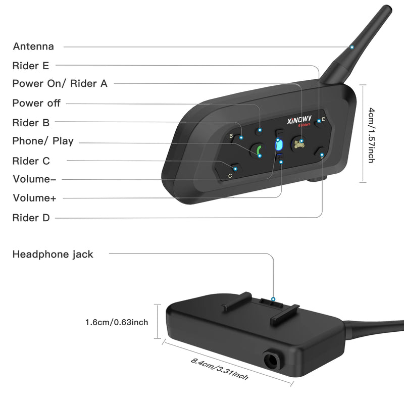 XINOWY V6 PRO Motorcycle Bluetooth Helmet Intercom Headset 1200M Interphone Communicator for 6 Riders Waterproof Music Player