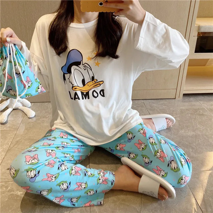 Disney Donald Duck new women's pajamas autumn cotton long-sleeved trousers two-piece set silk pajamas women's loungewear set