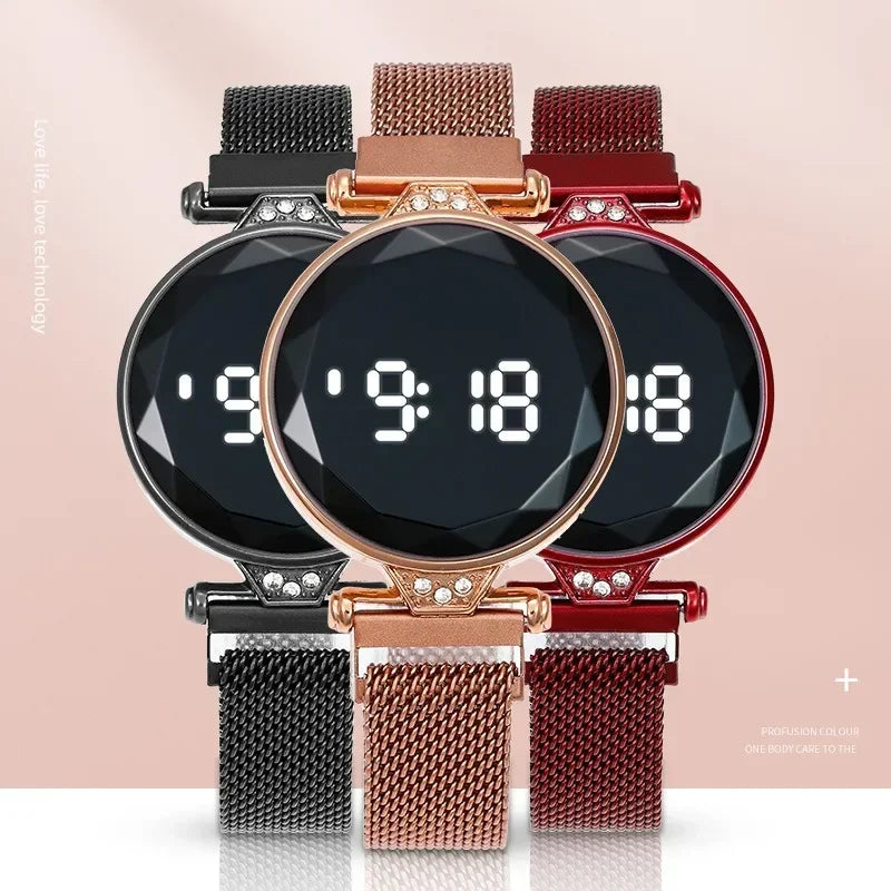 Reloj LED de lujo para mujer, pulsera magnética, relojes de oro rosa, relojes digitales de cuarzo para mujer, reloj femenino