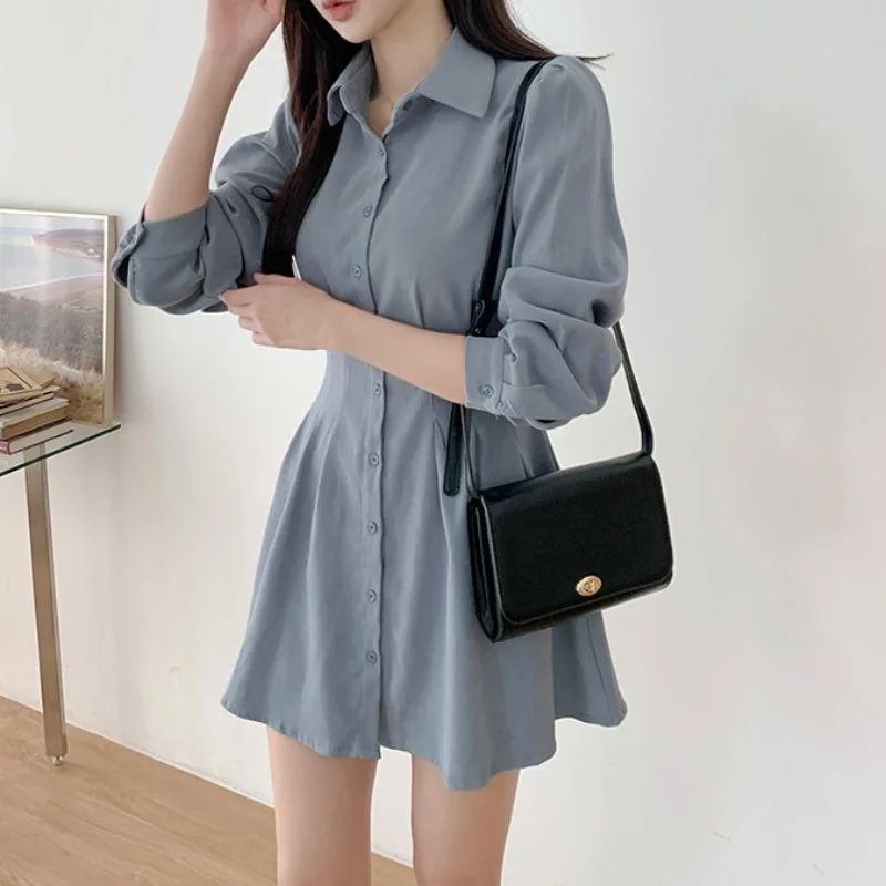 Korean Chic Fashon Slim Mini Long Sleeve Dress Women's 2024 Spring Autumn New Elegant Casual Polo Shirt Dresses Solid Clothing