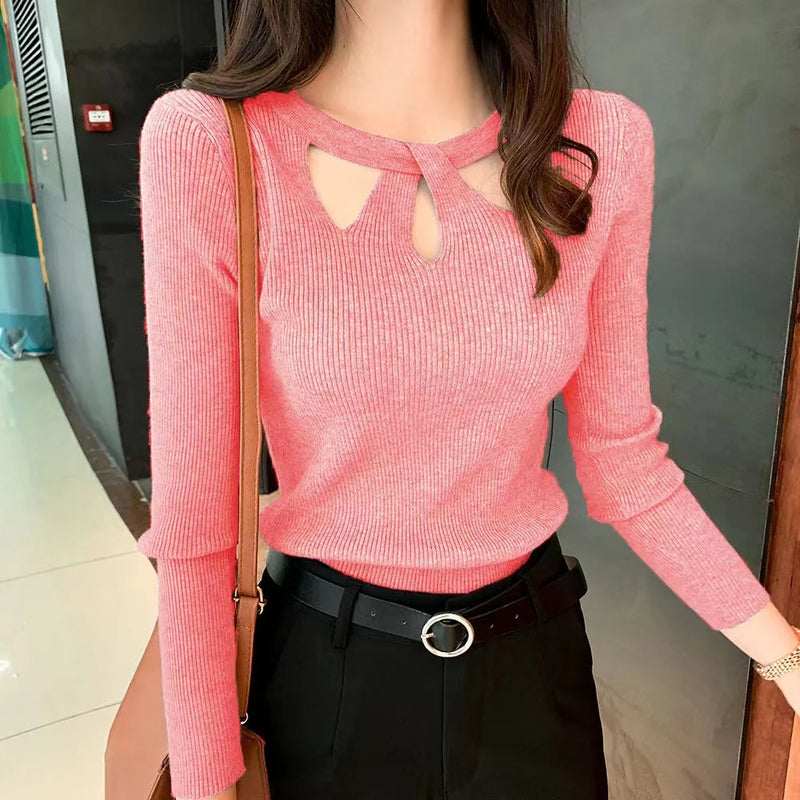 New Autumn and Winter Women's Slim  Stretch Sexy Pullover Hollow Solid Color Sweater Slim Bottoming Shirt  Sweater Ladies