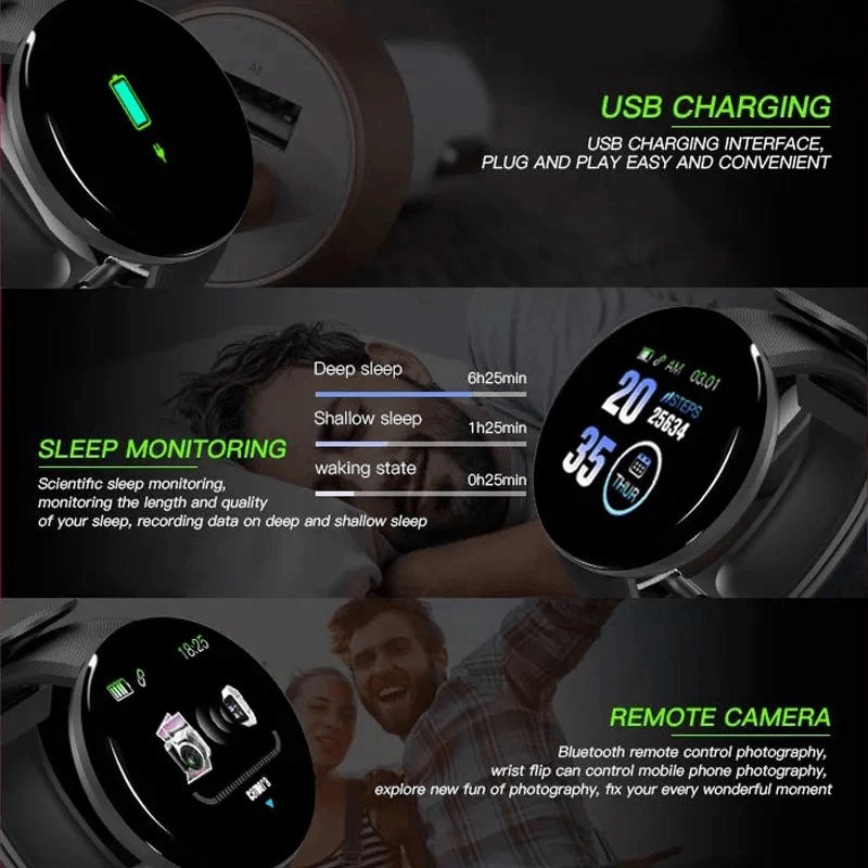 Nueva pulsera inteligente D18 con contador de pasos real, reloj despertador de moda, Bluetooth, música, rastreador de actividad física, reloj inteligente deportivo para Android e iOS