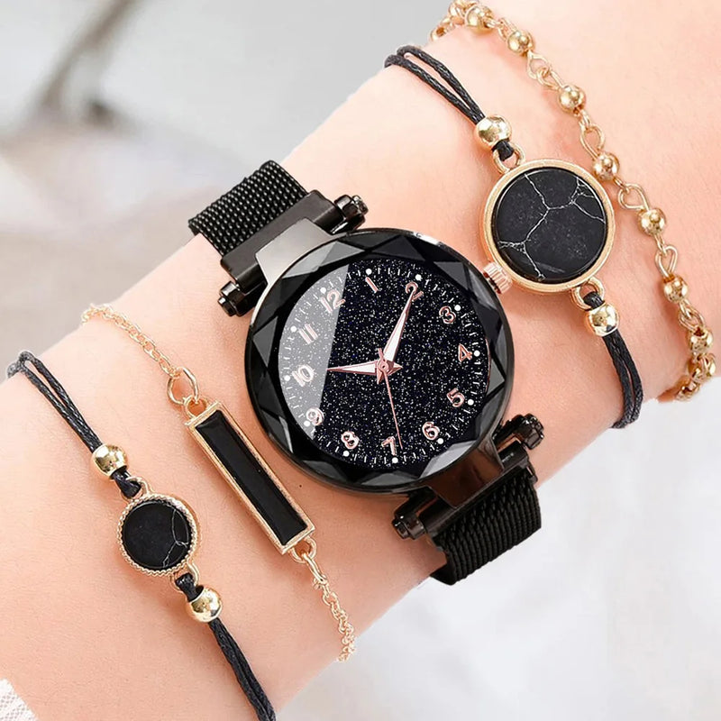 Conjunto de 5 relojes de pulsera de cuarzo con esfera redonda y diseño de cielo estrellado para mujer, relojes con cinturón de malla informales a la moda para mujer, reloj sencillo para vestir, regalo para niña