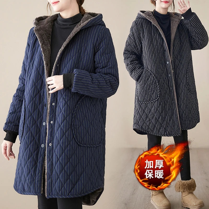 Chaquetas de invierno casuales 2023, abrigos acolchados gruesos con capucha a rayas, ropa de mujer, parkas largas de gran tamaño, abrigos de algodón de invierno