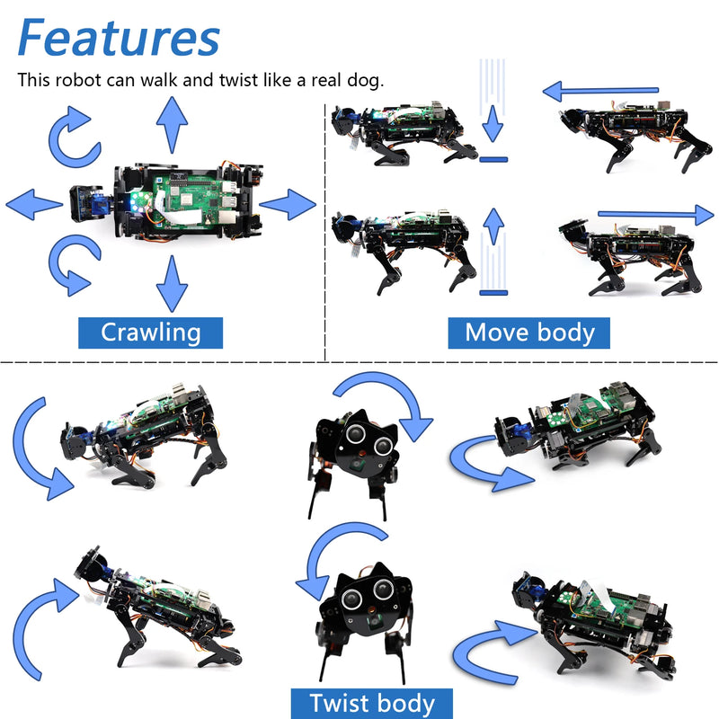 Kit de perro robot Freenove para Raspberry Pi 5 4 B 3 B+ B A+, que camina, se equilibra solo, sigue la pelota, reconoce el rostro y funciona por ultrasonidos