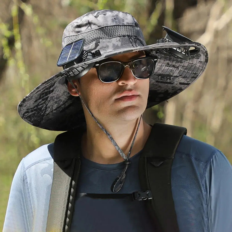 Para acampar al aire libre, pescar, hacer senderismo, protector solar, sombrero de pescador, gorra con ventilador solar, gorra de carga solar portátil con ventilador adecuada