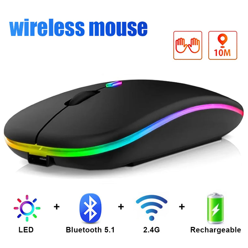 Ratón inalámbrico Bluetooth 5.1 de 1600 DPI, recargable, con retroiluminación RGB, ergonómico, silencioso, receptor USB de 2,4 GHz para ordenador portátil y PC