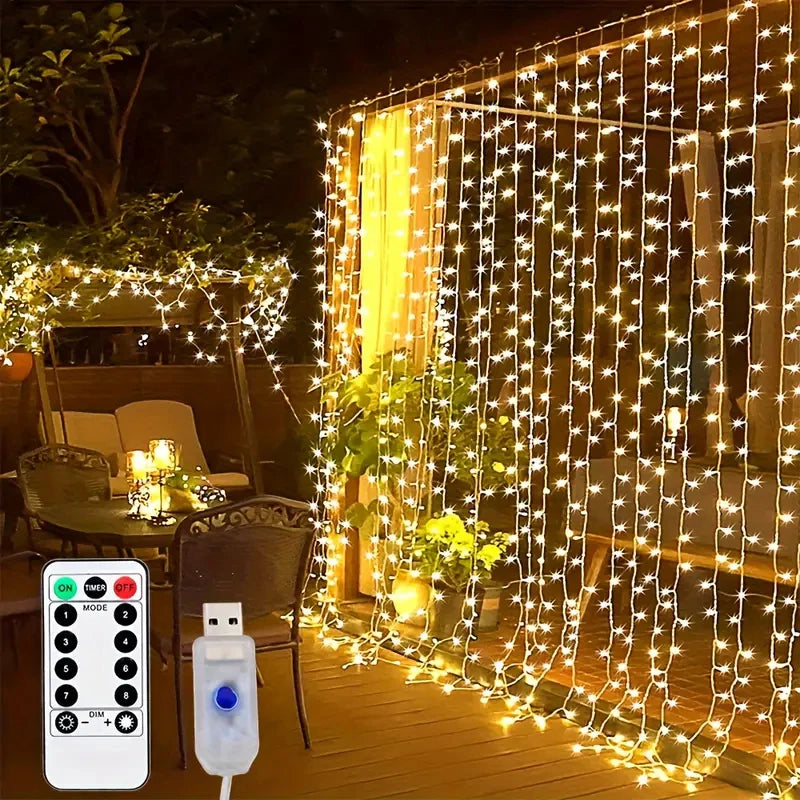 Guirnalda de luces LED navideñas con forma de cortina, guirnalda de luces con control remoto por USB, decoración navideña para el hogar, Año Nuevo 2025, para exteriores