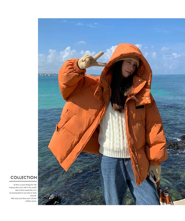 Solid Color Down Jacket Women Hooded Coat Stand Collar Fashion American Streetwear Duck Down Feather Female Winter Short Outwear