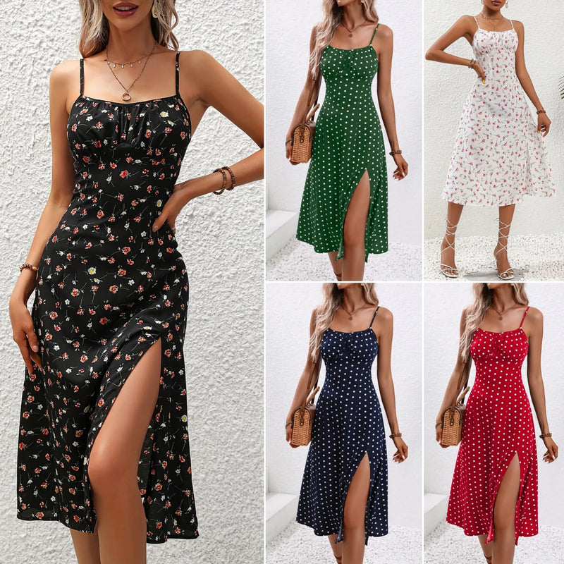 Vestido de verano 2024 con tirantes finos y estampado de lunares, sin mangas, con abertura, estilo bohemio, informal, para playa