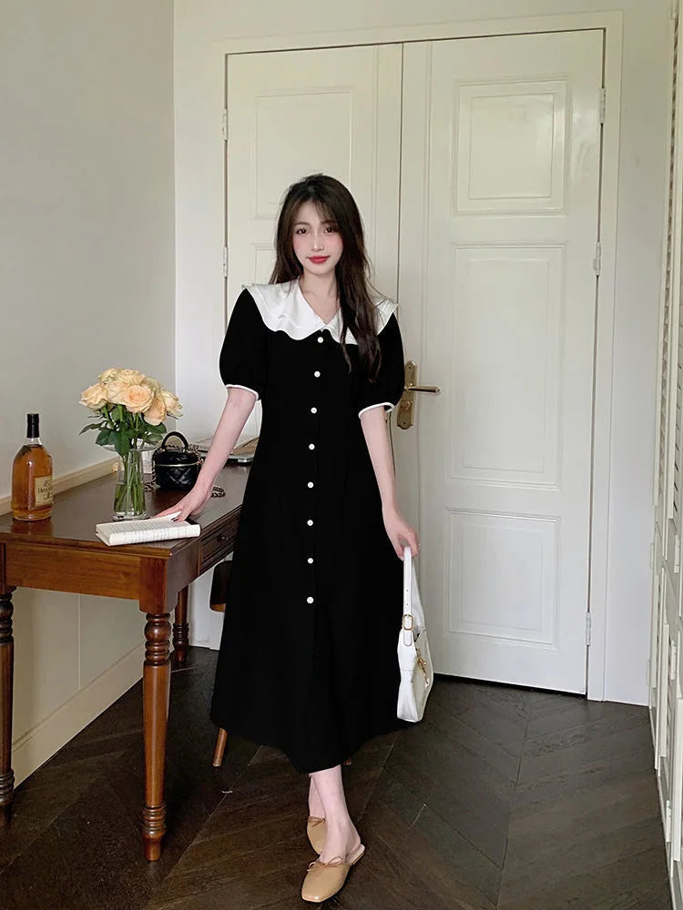 CGC Vintage Doll Collar Lolita Dress For Women 2023 Preppy Style Summer Black Long Dresses Korean Style Elegant Party Dresses