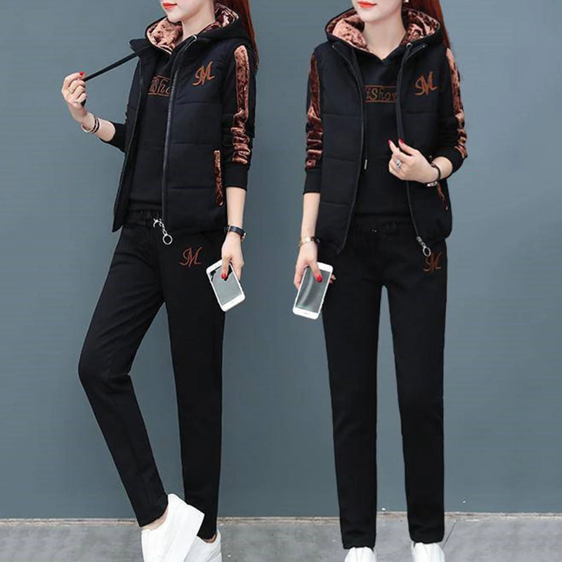 Fashion Warm Three Piece Set Women Outfit 2023 Fall Winter Thicken Tracksuit Casual Waistcoat Hoodies Pant Female Sweat Suit