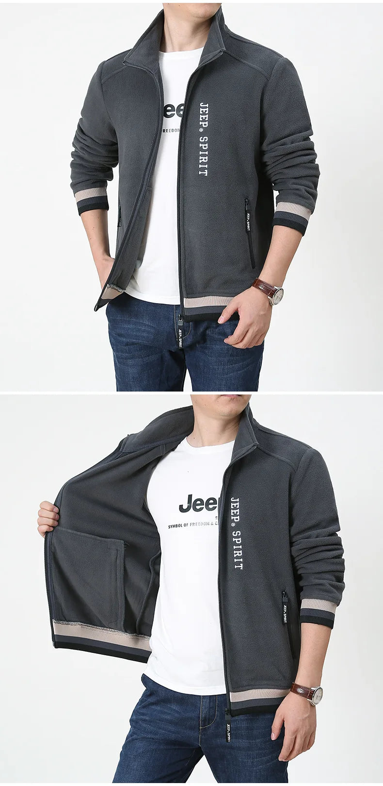 JEEP SPIRIT, chaqueta informal de forro polar para hombre, para exteriores, sencilla, de moda para otoño/invierno, además de chaqueta bordada con cuello alto y cálida de terciopelo, nueva