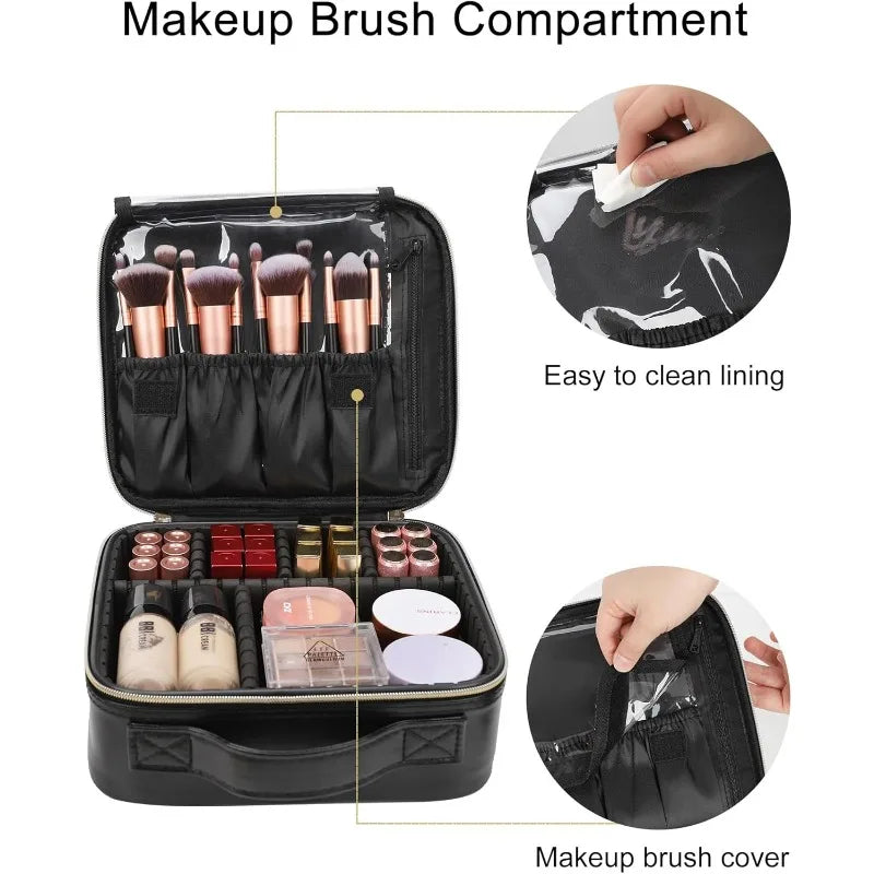 Estuche de viaje para maquillaje, organizador de cosméticos y maquillaje, bolsa de almacenamiento portátil para artistas con divisores ajustables