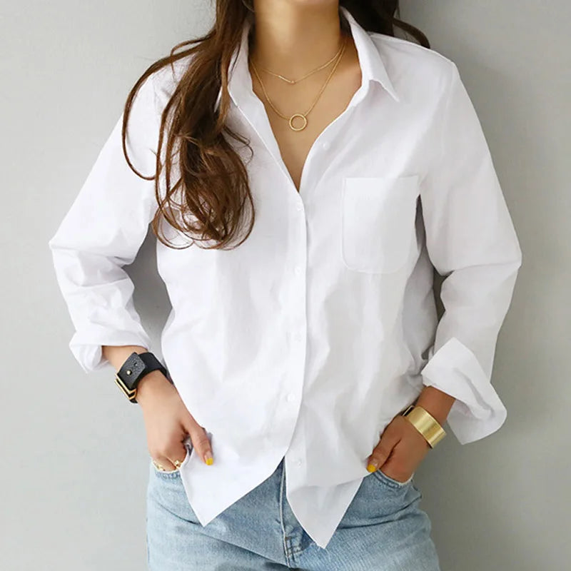 Camisa blanca de manga larga para mujer, informal, con cuello vuelto, para el trabajo, para la oficina, con botones, suave, lisa, para mujer, nueva moda