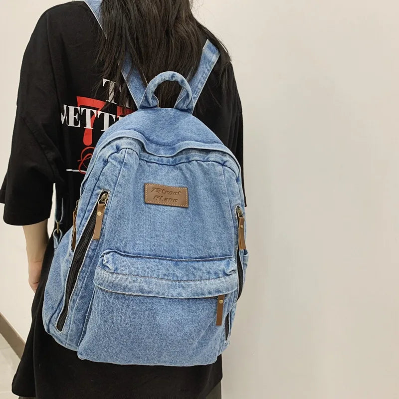 Mochilas de moda de mezclilla para la escuela, tendencia para estudiantes, bolsa de jeans, múltiples bolsillos, mochila de gran capacidad, mochila escolar femenina 2023